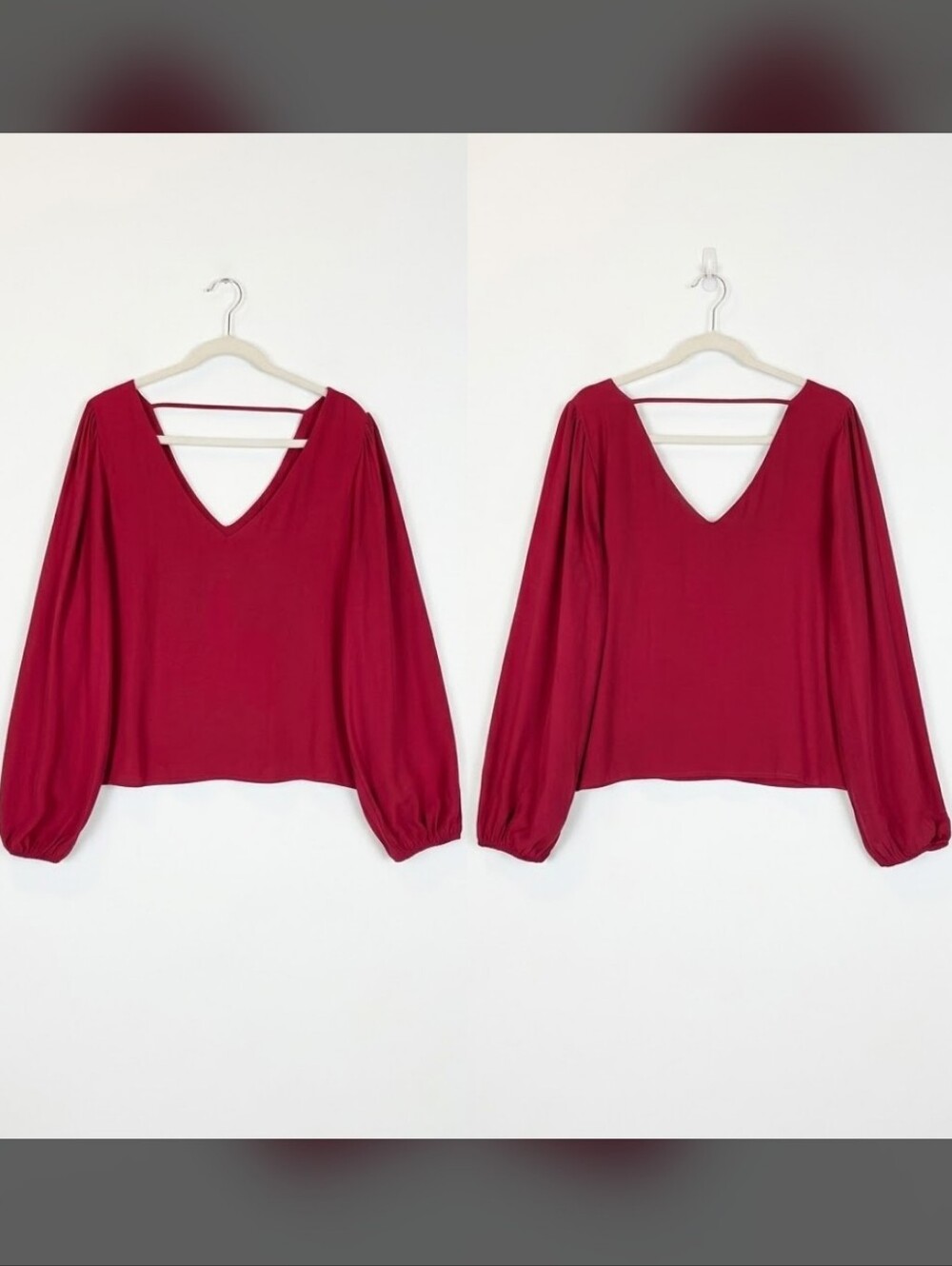 Lulus Stylish and Sincere Berry Red Balloon Sleeve V-Neck Top Blouse Lg